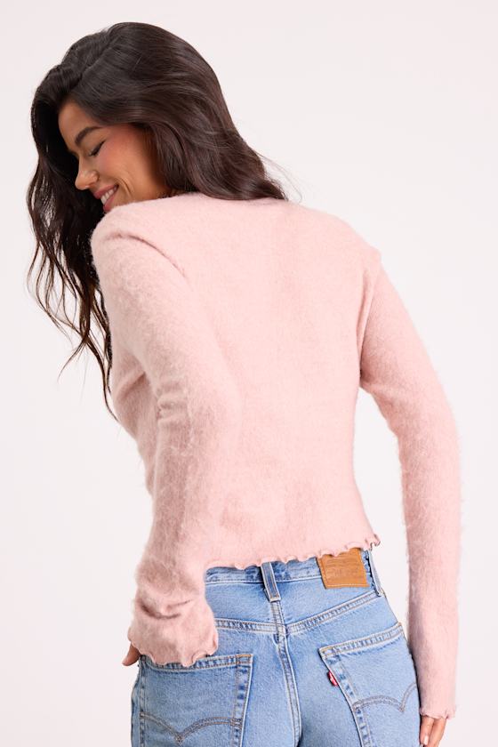 Mosley Blush Pink Fuzzy Knit Button-Up Cardigan 2