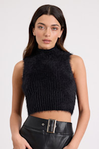 Nadene Black Eyelash Knit Mock Neck Sweater Top 1