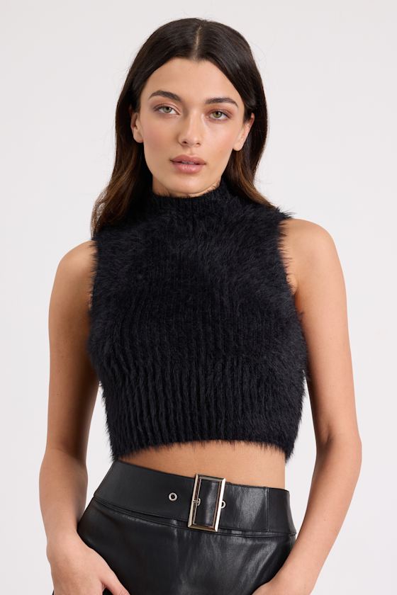 Nadene Black Eyelash Knit Mock Neck Sweater Top 1