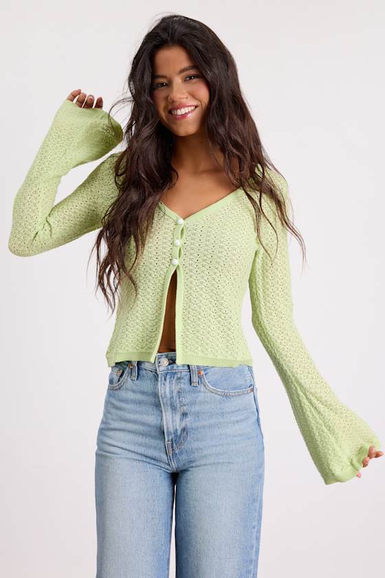 Lime Green Cardigan - Pointelle Knit Cardigan - Spring Cardigan