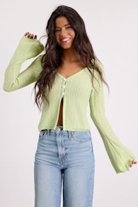 Freesia Lime Green Pointelle Knit Button-Front Cardigan 1