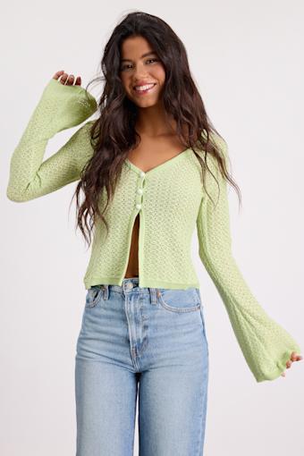 Freesia Lime Green Pointelle Knit Button-Front Cardigan 1