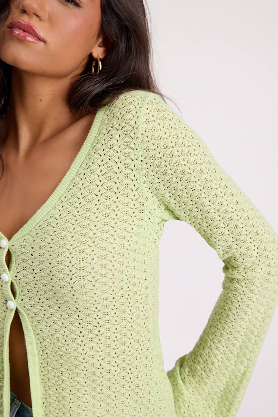 Freesia Lime Green Pointelle Knit Button-Front Cardigan 2