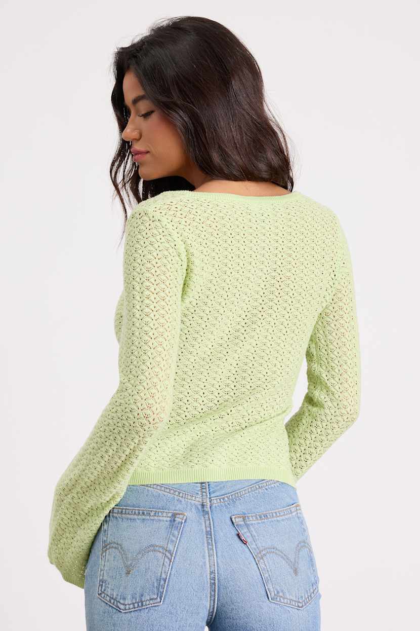 Freesia Lime Green Pointelle Knit Button-Front Cardigan