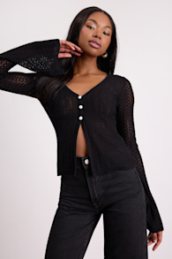 Freesia Black Pointelle Knit Button-Front Cardigan 1