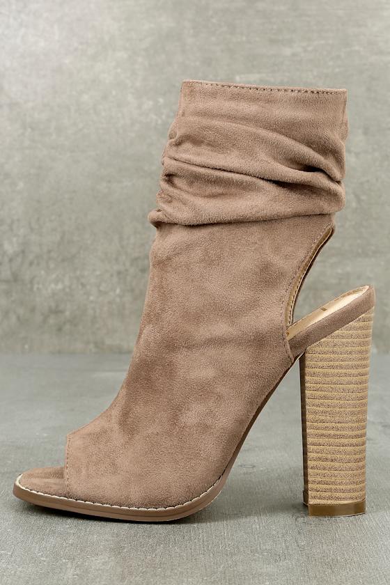 Only the Latest Taupe Suede Peep-Toe Booties 1