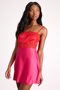 Alessa Pink and Red Satin Lace Lingerie Slip 1
