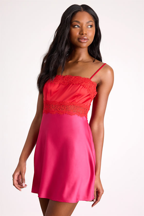 Alessa Pink and Red Satin Lace Lingerie Slip 1