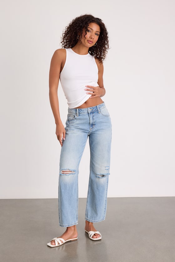 Teague Light Wash Distressed Mid-Rise Straight Leg Jeans 1