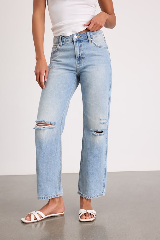 Teague Light Wash Distressed Mid-Rise Straight Leg Jeans 2
