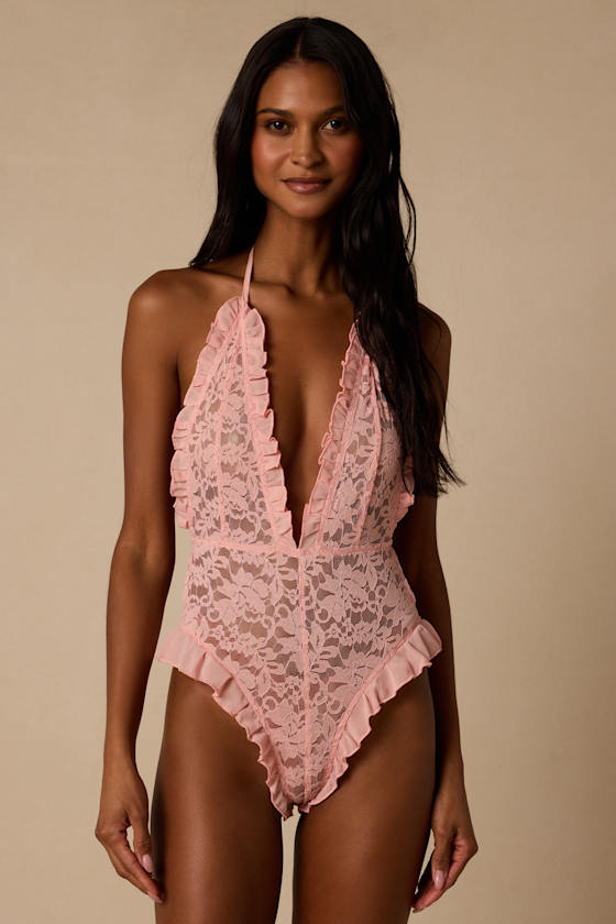 Abrielle Pink Sheer Lace Ruffled Halter Bodysuit 1