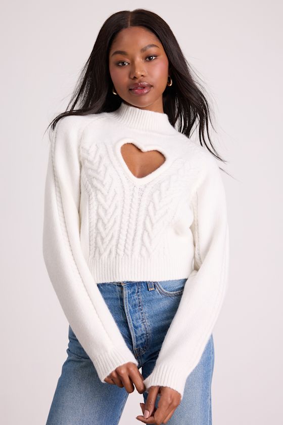 Priya Ivory Cutout Mock Neck Cropped Sweater 1