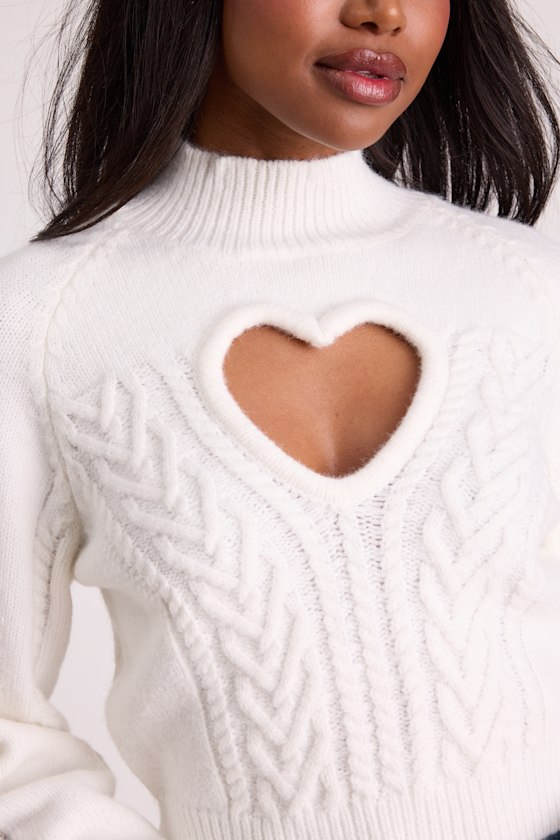 Ivory Cropped Sweater - Heart Cutout Sweater - Mock Neck Sweater