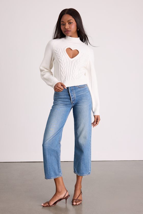 Ivory Cropped Sweater - Heart Cutout Sweater - Mock Neck Sweater - Image 4