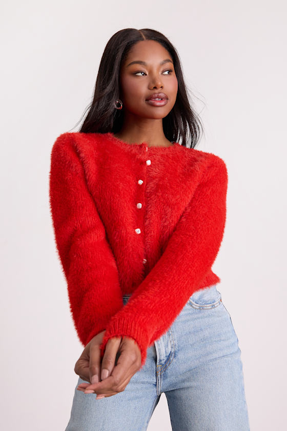 Arinda Red Eyelash Knit Button-Up Cardigan 2