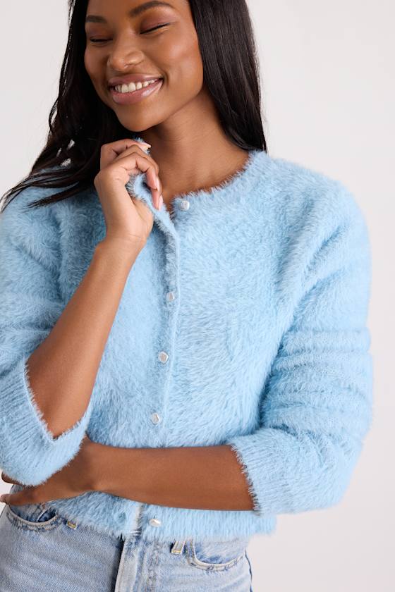 Light Blue Eyelash Knit Cardi - Button-Up Cardigan - Cardigan - Lulus