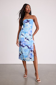 Bold Tendencies Blue Floral Strapless Cutout Midi Dress 1