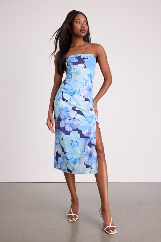 Bold Tendencies Blue Floral Strapless Cutout Midi Dress 1