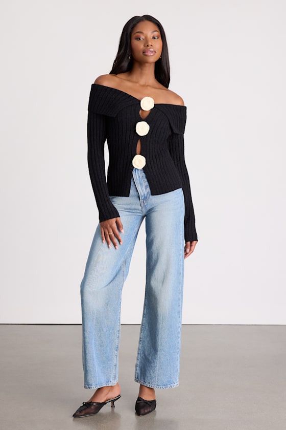 Black OTS Sweater Top - Rosette Sweater Top - Cutout Sweater Top - Image 4