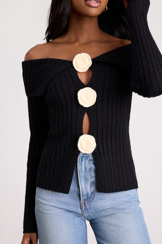Black OTS Sweater Top - Rosette Sweater Top - Cutout Sweater Top - Image 5