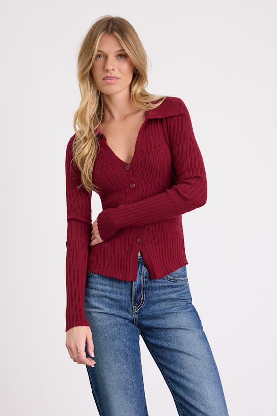 Ashley Wine Red Ribbed Collared Sweater Knit Top 1