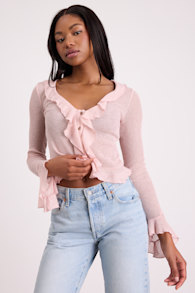 Casley Blush Ruffled Button-Front Sweater Knit Top 1