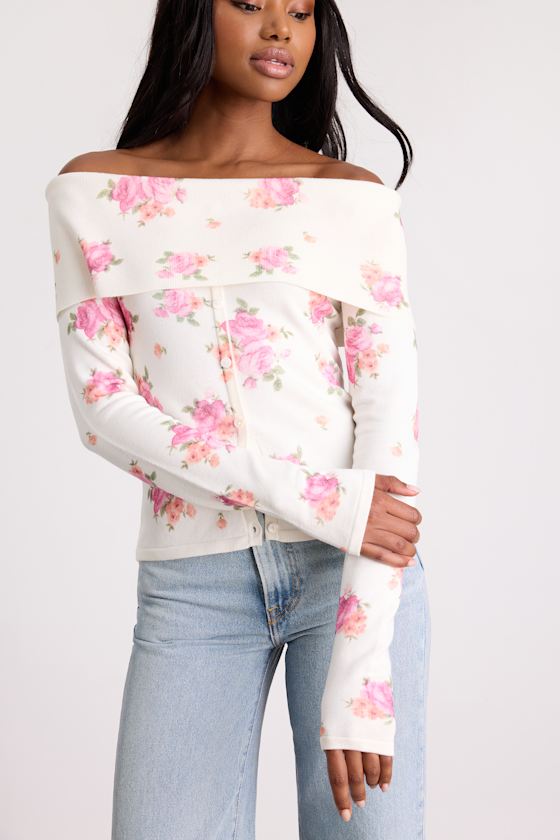 Ivory Off-the-Shoulder Top - Sweater Knit Top - Rose Print Top - Image 2