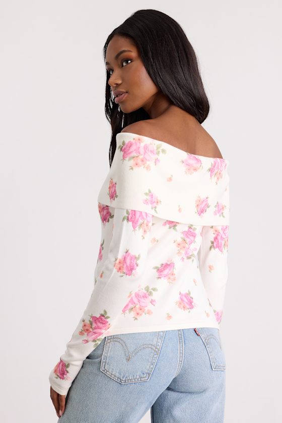 Ivory Off-the-Shoulder Top - Sweater Knit Top - Rose Print Top - Image 3