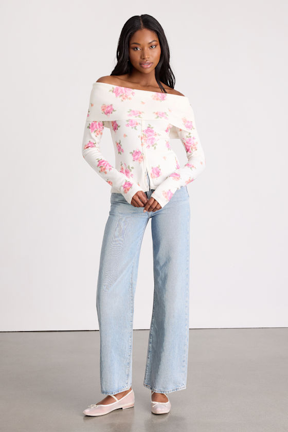 Ivory Off-the-Shoulder Top - Sweater Knit Top - Rose Print Top - Image 4