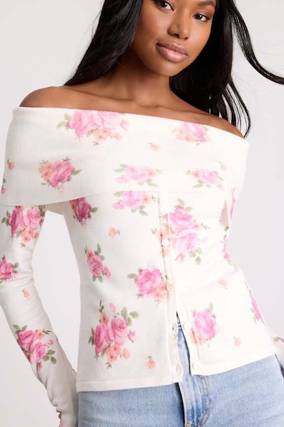 Ivory Off-the-Shoulder Top - Sweater Knit Top - Rose Print Top - Image 5