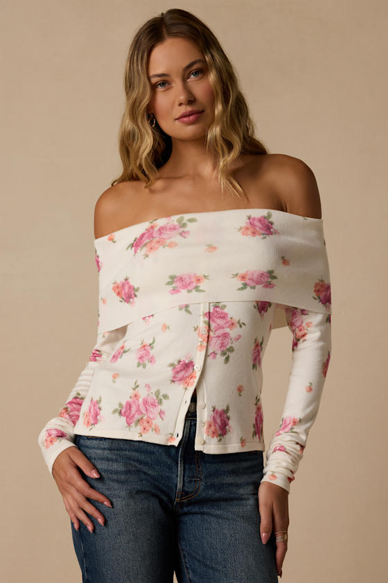 Prina Ivory Rose Print Off-the-Shoulder Sweater Top 1
