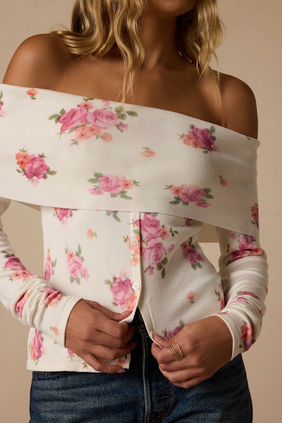 Prina Ivory Rose Print Off-the-Shoulder Sweater Top 2