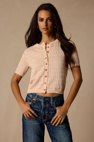 Reni Peach Pointelle Knit Short Sleeve Cardigan 2