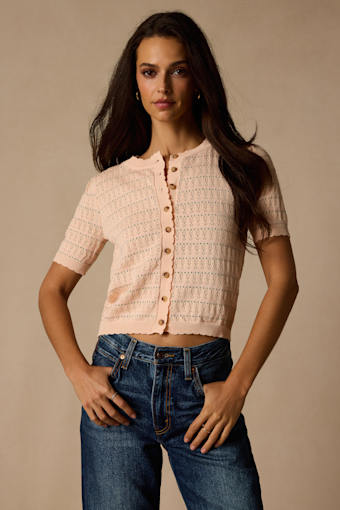 Reni Peach Pointelle Knit Short Sleeve Cardigan 2