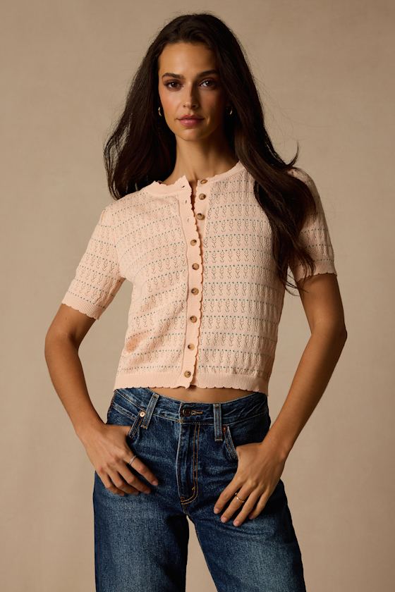 Reni Peach Pointelle Knit Short Sleeve Cardigan 2