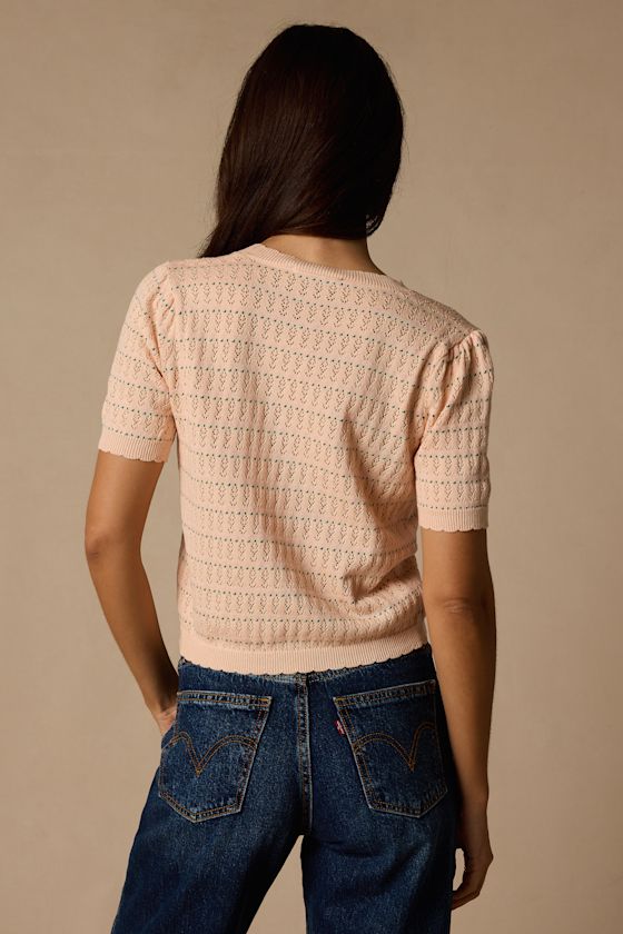Reni Peach Pointelle Knit Short Sleeve Cardigan 3