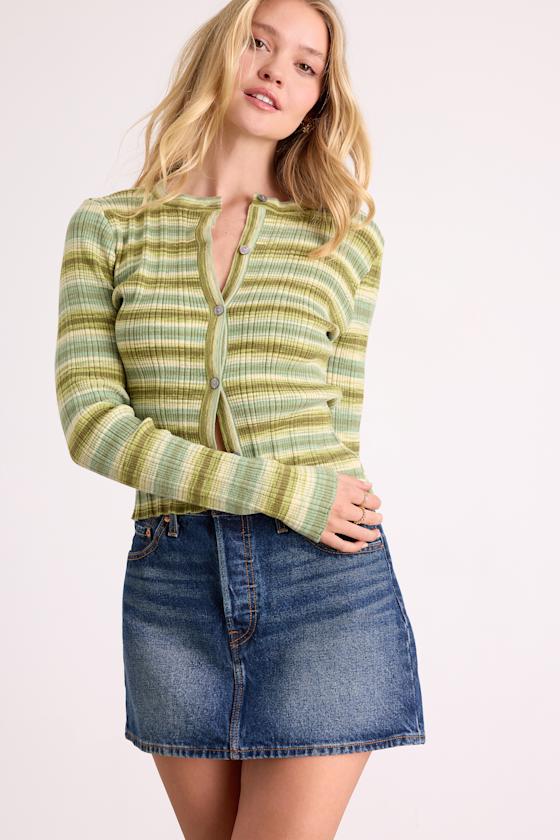 Odessa Green Multi Striped Button-Up Cardigan Sweater Top 1