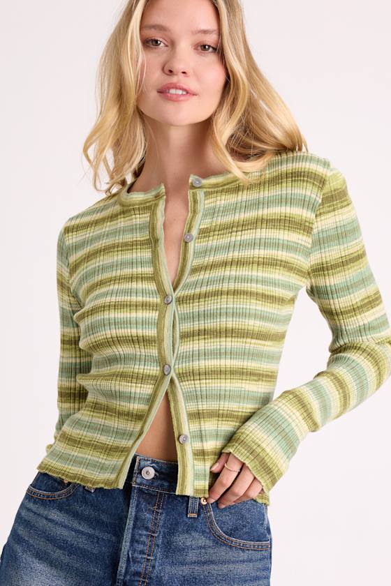 Odessa Green Multi Striped Button-Up Cardigan Sweater Top 2