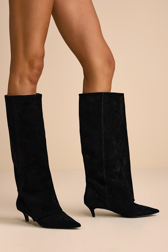 Luca Black Suede Leather Slouchy Knee-High Kitten Heel Boots 1