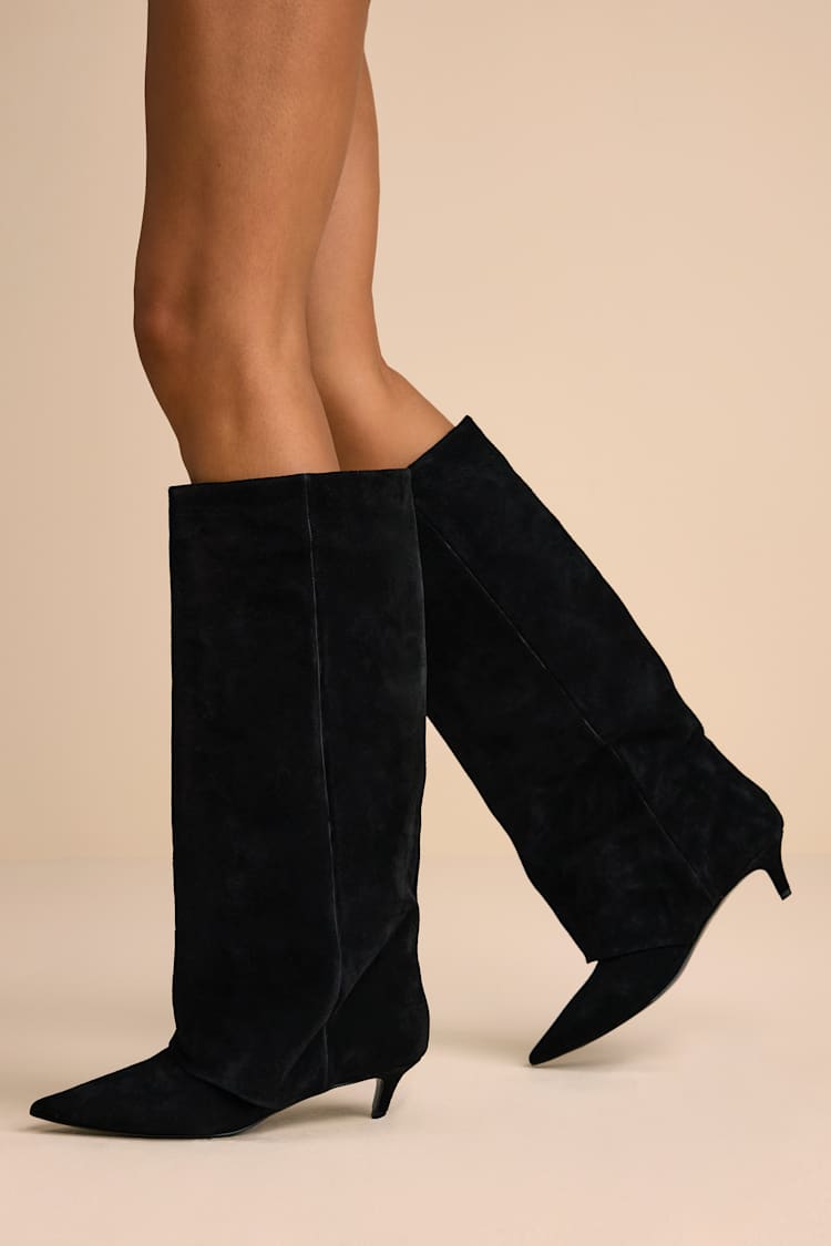 Luca Black Suede Leather Slouchy Knee-High Kitten Heel Boots