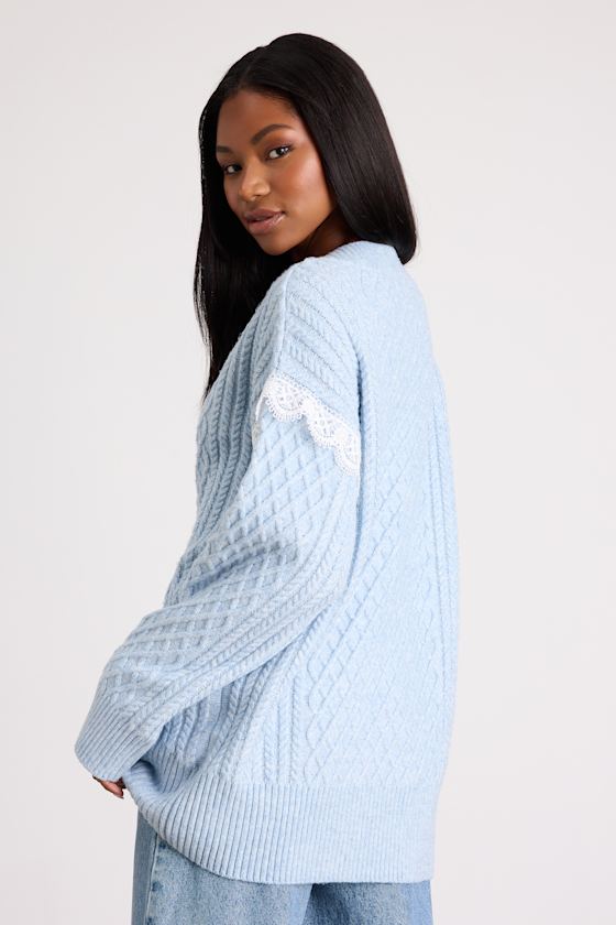 Light Blue Marled Sweater - V-Neck Sweater - Cable Knit Sweater - Image 3