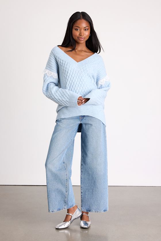 Light Blue Marled Sweater - V-Neck Sweater - Cable Knit Sweater - Image 4