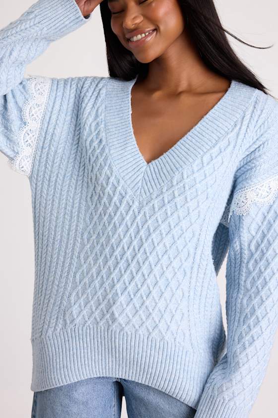 Light Blue Marled Sweater - V-Neck Sweater - Cable Knit Sweater - Image 5