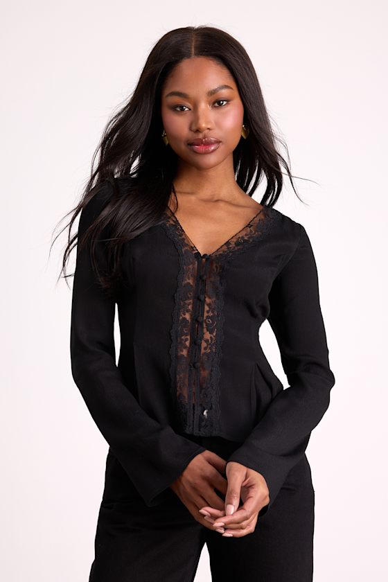 Black Chiffon Blouse - Button-Front Top - Long Sleeve Blouse - Lulus