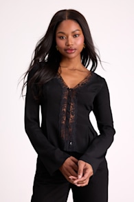 Pomona Black Lace Button-Front Long Sleeve Top 1