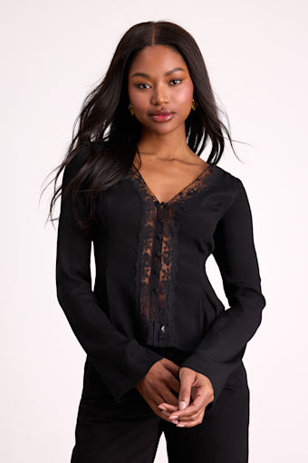 Pomona Black Lace Button-Front Long Sleeve Top 1