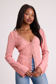 Pomona Pink Lace Button-Front Long Sleeve Top 1