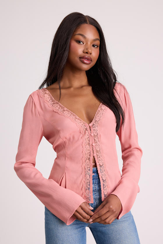 Pomona Pink Lace Button-Front Long Sleeve Top 1