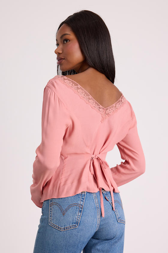 Pomona Pink Lace Button-Front Long Sleeve Top 2