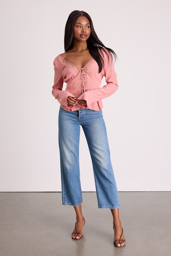 Pink Chiffon Blouse - Button-Front Top - Long Sleeve Blouse - Top